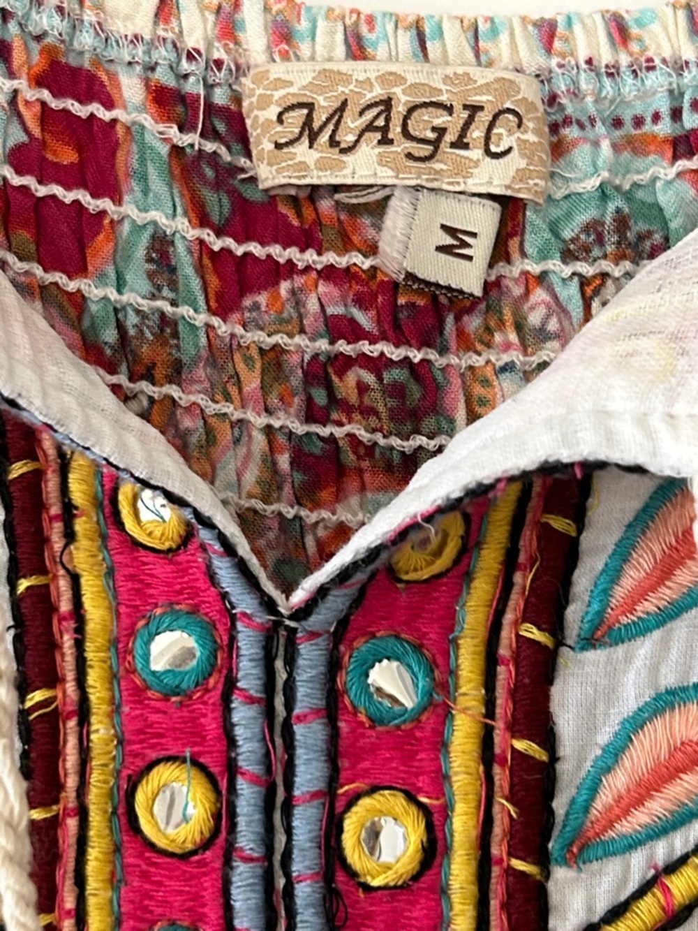 Magic Boho Flutter Sleeve Maxi Dress w Mirrors, Embroidery Sz M w MEASUREMENTS - Picture 4 of 14